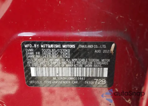 2021 Mitsubishi Mirage Carbonite Edition/Es/Le z USA, uszkodzony, nr VIN ML32AUHJ0MH011441